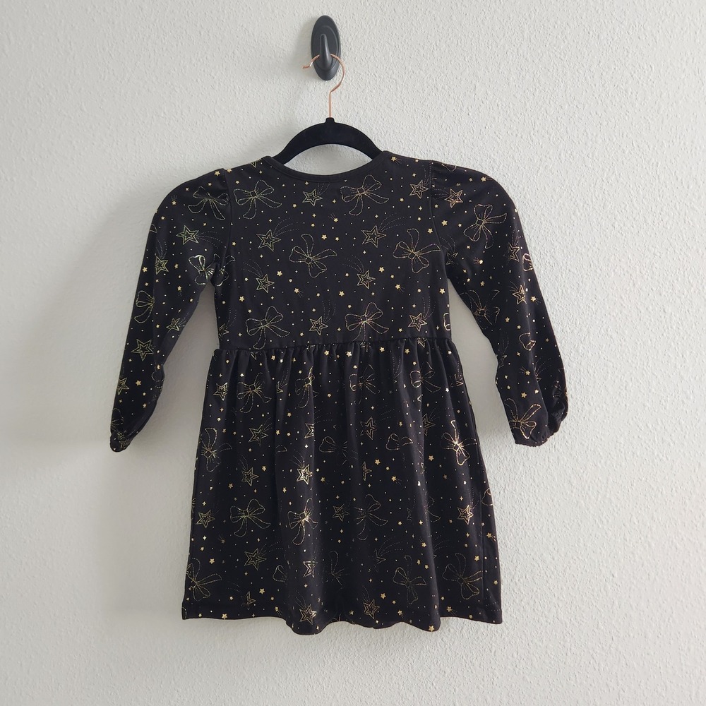 Girls 5T Black Gold Metalic Star Bow Long Sleeve Dress EUC
